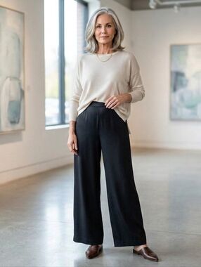 Eileen Fisher 100% Silk  Wide-Leg High Waist Full Lenght Pants Charkle Grey L